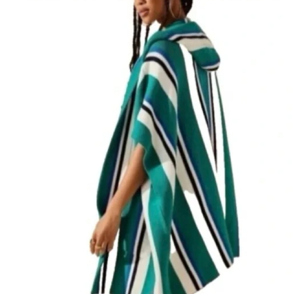 Free People All I Need Striped Teal Hooded Heavy Poncho One Size Oversize Knit